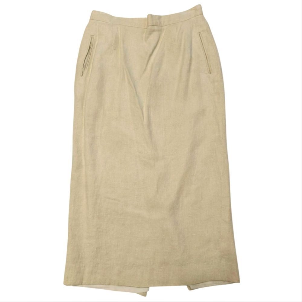 Vtg Harris Wallace Linen Flax Cream Pleated Midi Skirt with Slit Sz M/14
